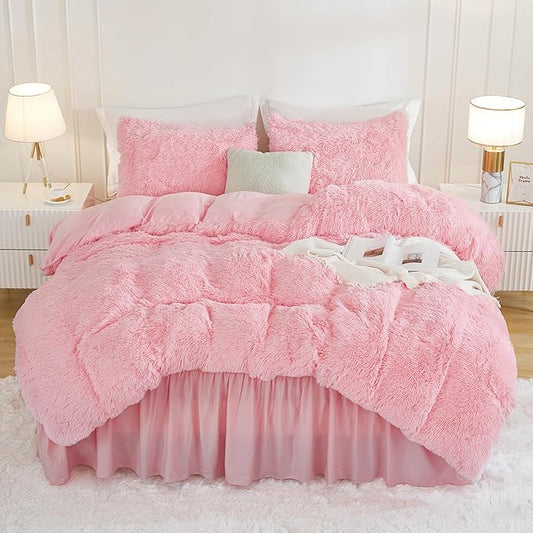Andency Faux Fur Pink Comforter Set Queen Size, 3 Pieces Fluffy Fuzzy Plush Bedding Comforter Set (1 Shaggy Velvet Comforter & 2 Pillowcases), Soft Puffy Comfy Down Alternative Comforter Bedding Set