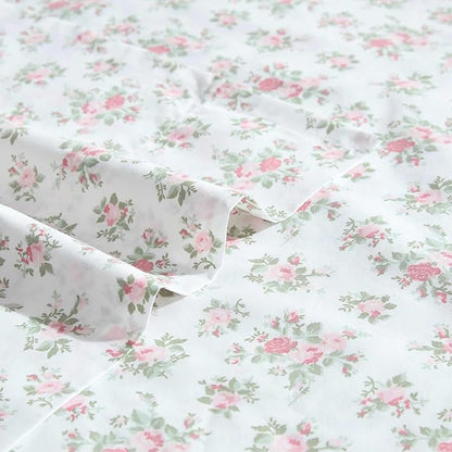 Laura Ashley - Sheets, Cotton Percale Bedding with Matching Pillowcases, Crisp & Breathable, Deep Pocket, Fully Elasticized (Leanna Rose Pink, Queen)