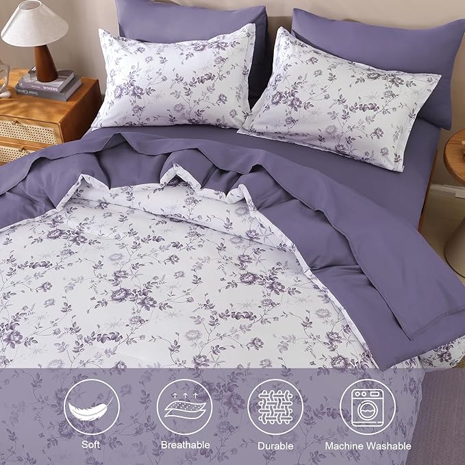 Luxudecor Floral Queen Comforter Set 7 Pieces Bed in a Bag, Purple Rose Romantic Flower Bed Set, Soft Reversible Comforter with Sheet Set 90"x90"