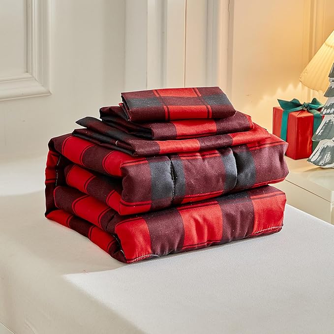 Christmas Toddler Bedding Set for Boys Girls Red Black Plaid Gingham Holiday 4PC Toddler Bed Set - Cute Toddler White Bed in a Bag for New Year