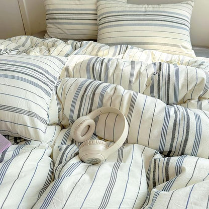 EAVD Retro Blue&Grey Striped Comforter Set Full Soft Cotton 3-Piece Vintage Bedding Set with 2 Pillowcases Boho Vertical Stripes Geometric Comforter Set for All-Season Breathable Lightweight