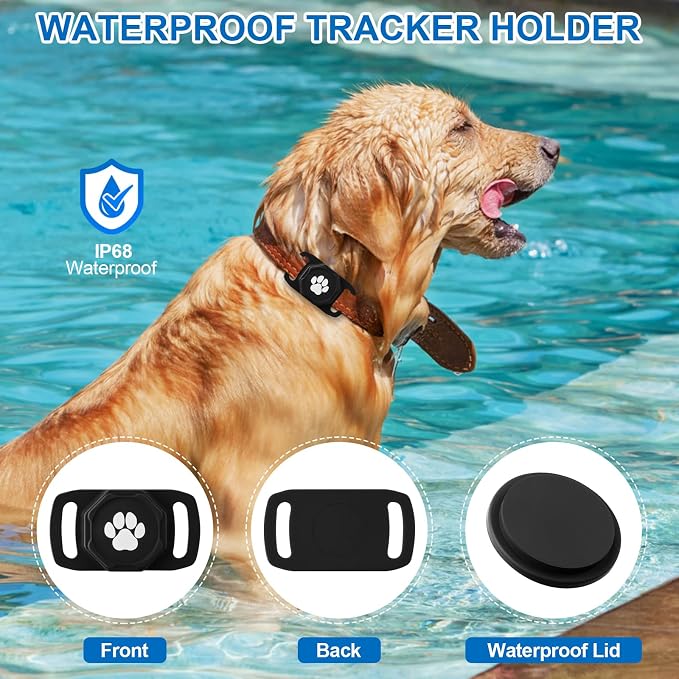 Smart Pet Tracker for Collar - Dog Tracker Pet Location Tracker with Holder | Real-Time Location, No Monthly Fee/ SIM Card, Work with IOS Only (Not for Android), Ultra-Slim, IP68 Waterproof Holder, Black