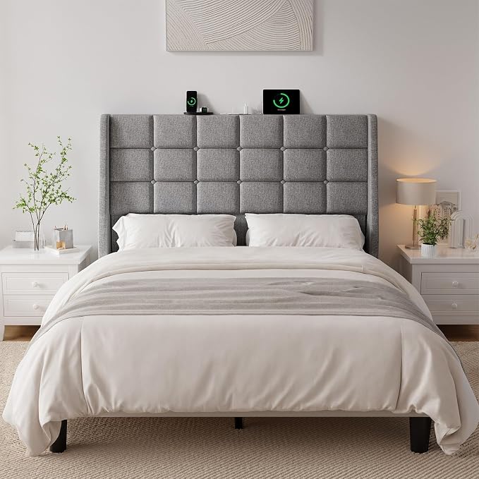 Ergonomic Upholstered Full Size Headboard w/Charging Station, Linen Wingback Headboards w/Storage Pocket, Full Headboard Only, Bed Frame Adapters, Sturdy Solid Wood Bed Head Board, Light Grey