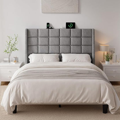 Ergonomic Upholstered Full Size Headboard w/Charging Station, Linen Wingback Headboards w/Storage Pocket, Full Headboard Only, Bed Frame Adapters, Sturdy Solid Wood Bed Head Board, Light Grey