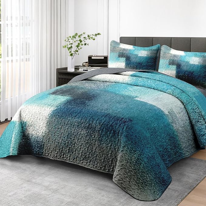 Quilt Set Twin Size, Turquoise Grey Painting 2 Pcs Soft Bed Cover Bedding Set for Kids and Adults, Teal Contemporary Gray Lightweight Bedspread Coverlet with Pillow Sham for All Season