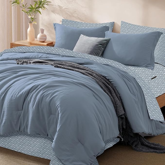 Monbix Queen Comforter Set - 7 Pieces Oxford Blue Prewashed Bed in a Bag Queen Bedding Sets with Comforters, All Seasons Ultra Soft Comforter Bed Set with Sheets,Pillowcases & Shams