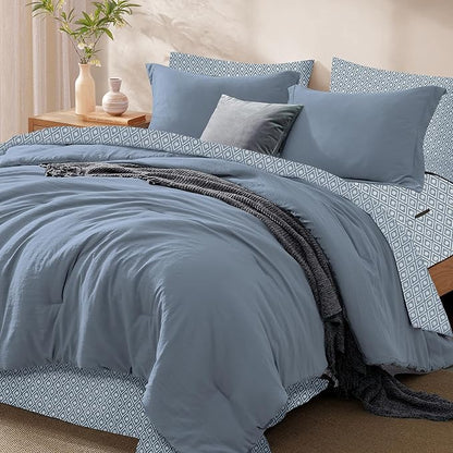 Monbix Queen Comforter Set - 7 Pieces Oxford Blue Prewashed Bed in a Bag Queen Bedding Sets with Comforters, All Seasons Ultra Soft Comforter Bed Set with Sheets,Pillowcases & Shams