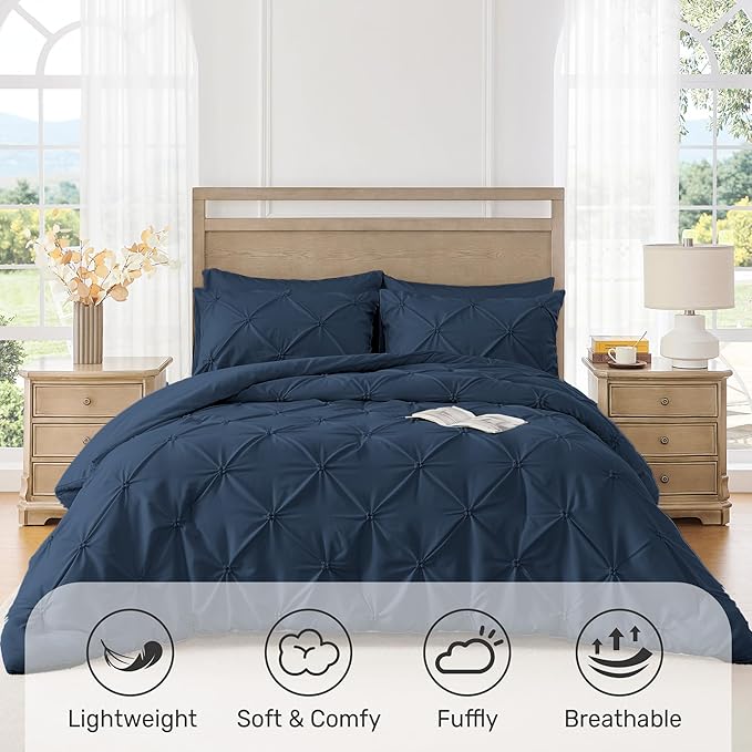 UNIKOME Queen Comforter Set Navy/Royal Blue - Ultra Soft Boho Pintuck Down Alternative Bedding Set for All Seasons, 3 Pieces Lightweight Warm Pinch Pleat Bed Set with Comforter, 2 Pillowcases