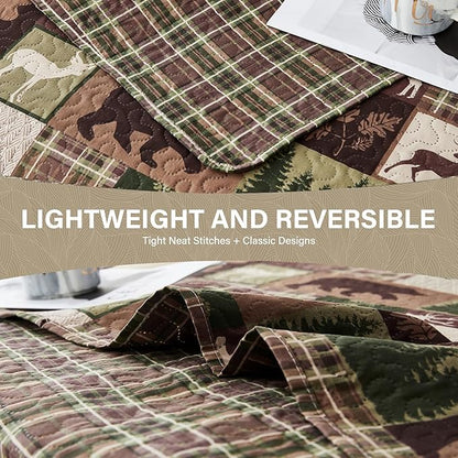 Ycosy Lodge Plaid Quilt Set Moose Bear Bedding King Size Rustic Bedspread Cabin Coverlet Wildlife Forest Quilts Comforter Summer Lightweight Bed Cover with 2 Pillow Shams