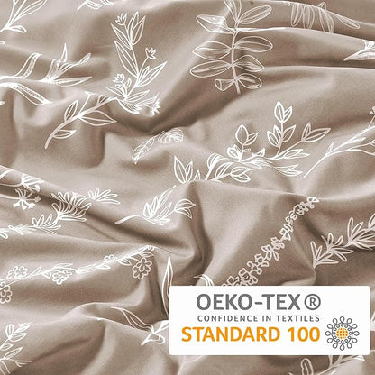 MUXHOMO Duvet Cover Full Size, Reversible Floral Taupe Duvet Cover Set with Zipper Closure, 3 Pieces Botanical Patterns Soft Microfiber Bedding Set with 4 Ties (80"x90", 2 Pillow Cases)
