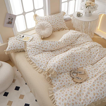 HighBuy Ruffle Lace Comforter Set Queen Coquette Cottagecore Floral Bedding Comforter Set with 2 Lace Ruffles Pillowcases Cozy Soft Shabby Chic Yellow Pink Flower Bedding Comforters for Women Girls