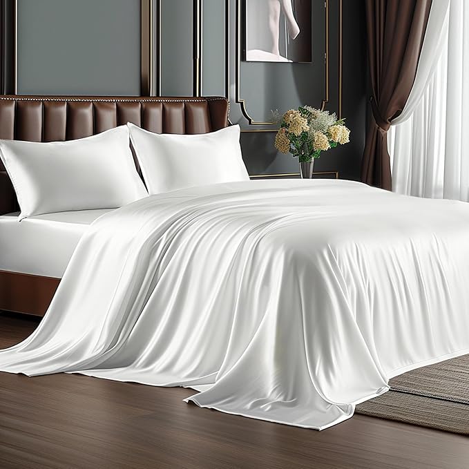 BEDELITE Satin Sheets Twin XL Size Bed Set, Luxury Soft White Silky Sheets for Hair and Skin, Similar to Silk Bed Sheets Set 3 Pieces （1 Deep Pocket Fitted Sheet, 1 Flat Sheet, and 1 Pillowcase）