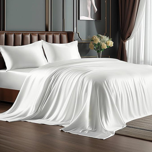 BEDELITE Satin Sheets Twin XL Size Bed Set, Luxury Soft White Silky Sheets for Hair and Skin, Similar to Silk Bed Sheets Set 3 Pieces （1 Deep Pocket Fitted Sheet, 1 Flat Sheet, and 1 Pillowcase）