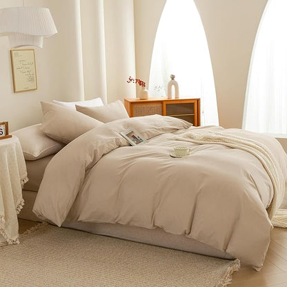 ECOCOTT Beige Duvet Cover Oversized King Size - 100% Washed Cotton Durable Soft Comfy Duvet Cover Set, 3 Pieces Duvet Cover with Zipper Closure (Khaki, 120"x 98")