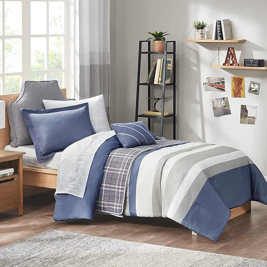 Intelligent Design Marsden Comforter Stripes Design Embroidered Toss Pillow Casual All Season Bedding Matching Sham and Complete Sheet Set, Twin XL, Blue/Grey 6 Piece