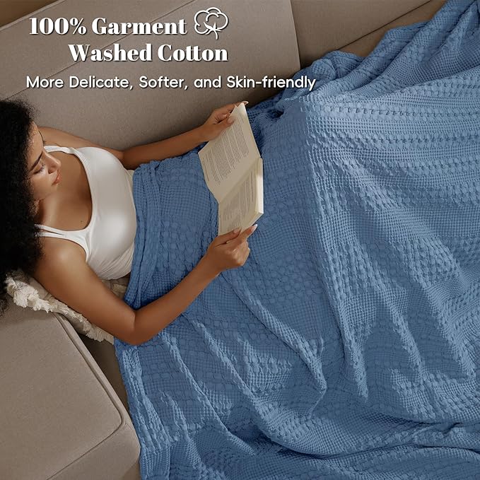 PHF 100% Cotton Waffle Weave Blanket Twin Size for Bed, Soft Lightweight & Breathable for Spring and Summer, All-Season Comfort, Luxury Aesthetic Blanket for Home Decor, 66"x90", Denim Blue