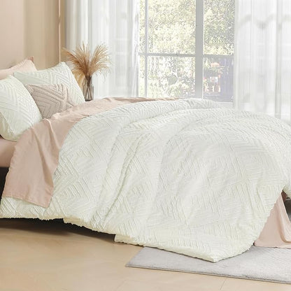 Litanika Ivory King Size Comforter Set, 3 Pieces Tufted Boho Farmhouse Bedding Comforter Sets, Lightweight Fluffy Comforter Bed Set for All Season (104x90In Comforter and 2 Pillowcases)