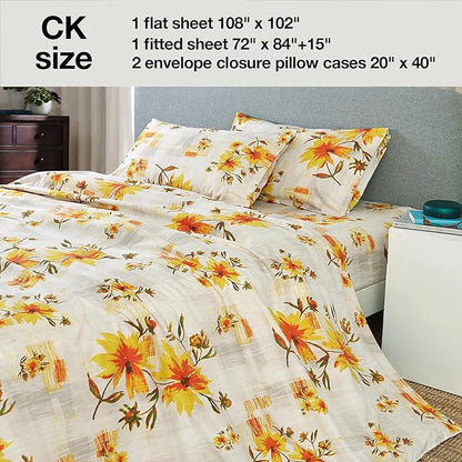 JSD Fall Floral Sheet Set Cal King, 4 Piece Yellow Printed Microfiber Bedding Sheets Extra Deep Pocket
