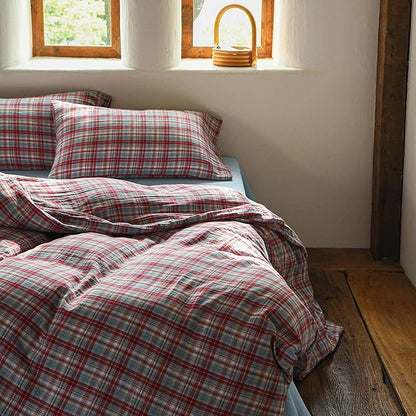 EAVD Vintage Style Red&Blue Gingham Duvet Cover Twin Soft 100% Cotton Muslin Yarn-Dyed Textured Retro Grid Plaid Bedding Set Reversible British-Style Gingham Bedding Set with Zipper Closure