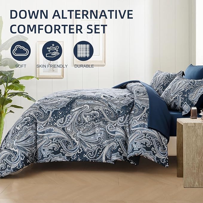 DJY Navy Paisley Comforter Set King Size 7 Piece Bed in a Bag Boho Paisley Pattern Comforter Set Soft Lightweight Microfiber Blue Reversible Bedding Set for All Season (104''x90'')