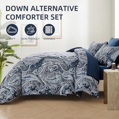 DJY Navy Paisley Comforter Set King Size 7 Piece Bed in a Bag Boho Paisley Pattern Comforter Set Soft Lightweight Microfiber Blue Reversible Bedding Set for All Season (104''x90'')