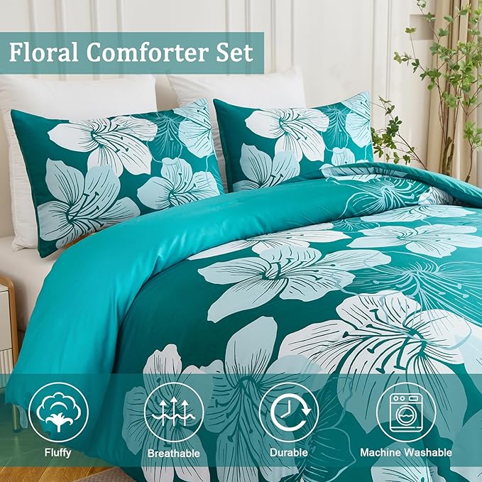 Menghomeus Full Comforter Set Gradient Teal Bedding Floral Comforter Sets - Soft Microfiber Bed Comforter Set for All Season, 3 Piece Botanical Flowers Comforter, Pillowcases