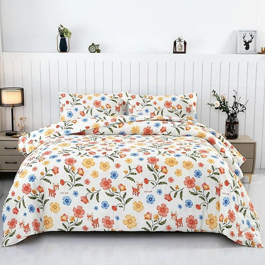 SDIII Reindeer and Floral Comforter Set Twin 3 Pieces, Soft Microfiber Vintage Floral Comforter Twin Size, Yellow Flower Bedding All Season