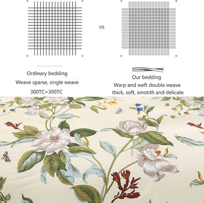 FADFAY Floral Duvet Cover Set 100% Cotton Green and Beige Striped Dorm Room College Branches Botanical Printed Reversible Zipper Comforter Cover & 2 Pillowcases，Twin XL