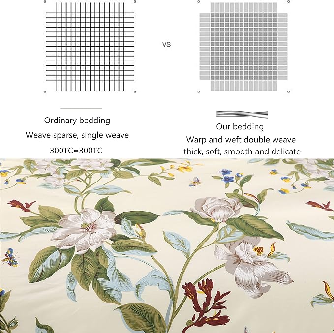 FADFAY Floral Duvet Cover Set 100% Cotton Green Striped and Beige Bedding White Flower Branches Print 600 TC Soft Reversible Zipper Bed Cover & 2 Pillowcases,King/Cal King(106x92)