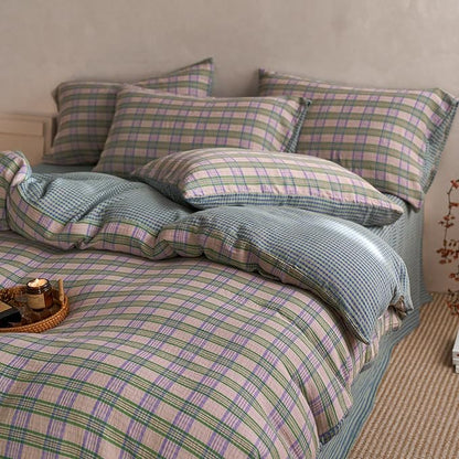 EAVD Vintage Style Pastel Pink Plaid Duvet Cover Set King Soft 100% Cotton Muslin Retro Green&Purple Grid Plaid Bedding Set with 2 Pillowcases Aesthetic Gingham Duvet Cover with Zipper Closure