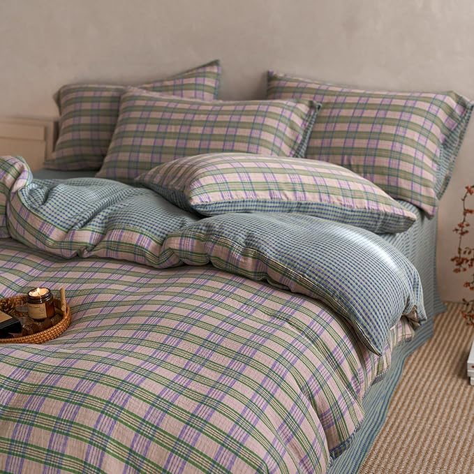 EAVD Vintage Style Pastel Pink Plaid Duvet Cover Set Full Soft 100% Cotton Muslin Retro Green&Purple Grid Plaid Bedding Set with 2 Pillowcases Aesthetic Gingham Duvet Cover with Zipper Closure