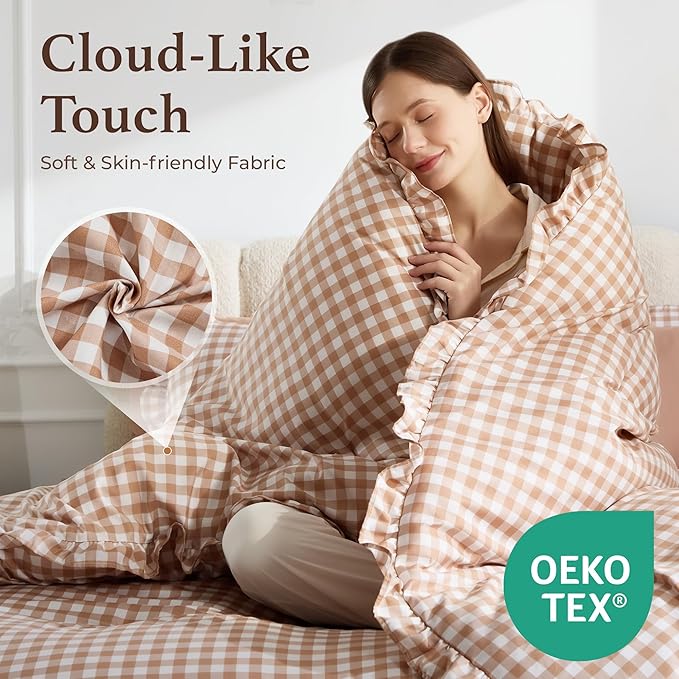 BDEUS 7 Pieces Gingham Ruffle Comforter Set Queen Size, Brown Grid Tartan Bedding Set, Soft Breathable Fabric Comforter with Flat Sheet, Fitted Sheet, 2 Pillowcases & 2 Shams, 88"X88"