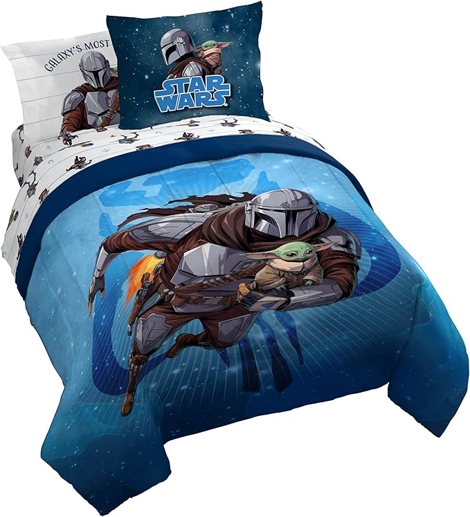Jay Franco Kids Comforter Set Includes Sheets and Pillow Covers - Soft and Cozy Bed Set for Stylish Room Decor, Official Licensed Bedding, Blue - The Mandalorian, 7 Piece Queen