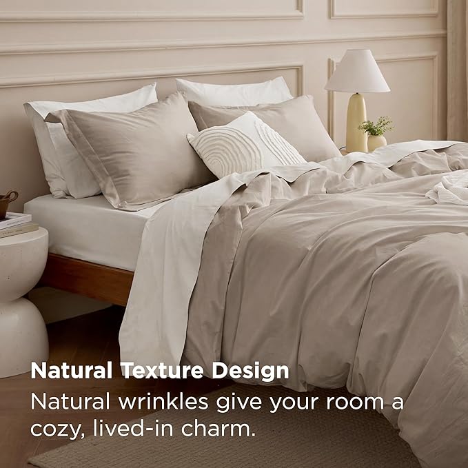Bedsure 100% Washed Cotton Duvet Cover Cal King Size - Tannish Linen Grey Minimalist Cotton Duvet Cover for All Seasons - Plain Simple Bedding Set (Tannish Linen Grey, Cal King, 104"x98")