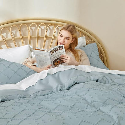 Bedsure Boho Duvet Cover Queen Size,Dusty Blue Breathable & Soft Boho Bedding, Machine Washable Comforter Cover for All Seasons, Includes 1 Duvet Cover 90"x90" with 2 Pillow Shams & Zipper Closure