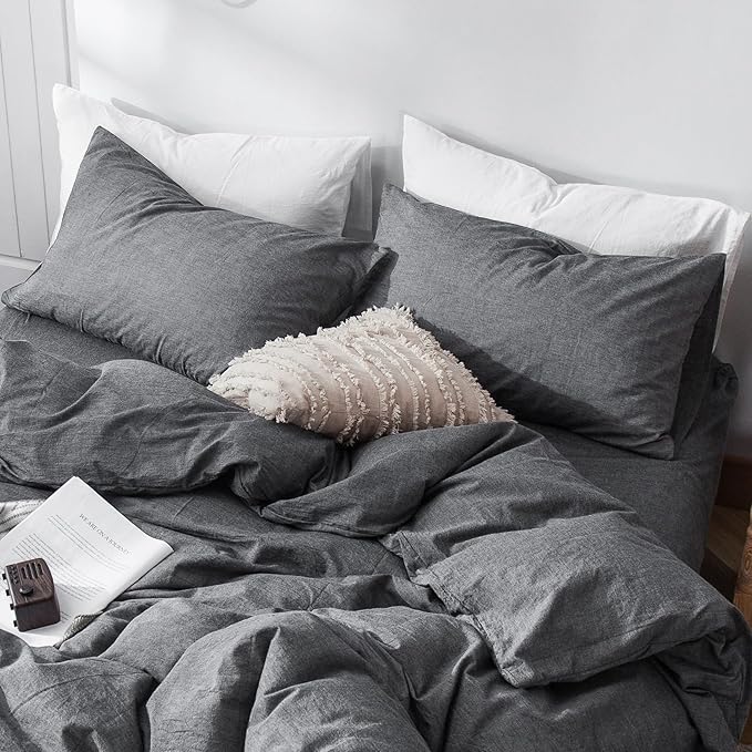 MooMee Bedding Pillowcases Pack of 2 100% Washed Cotton Linen Like Textured Breathable Durable Soft Comfy (Heathered Dark Grey, King)