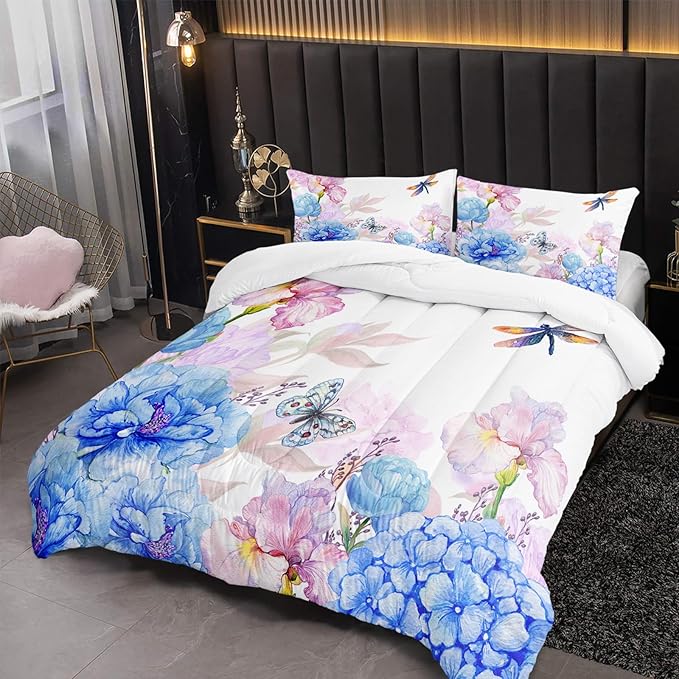 Blue and Pink Flower Comforter Set Queen Dragonfly Butterfly Bedding Sets 3PCS for Kids Teen Adult Floral Room Decor Ultra-Soft Lightweight Microfiber 1 Comforter with 2 Pillowcases