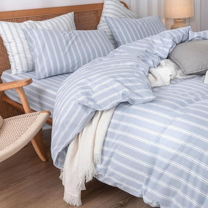 BESTOUCH Duvet Cover Set 100% Washed Cotton Linen Feel Super Soft Comfortable Chic Lightweight 3 PCs Home Bedding Set Cornflower Blue & White Stripes Queen