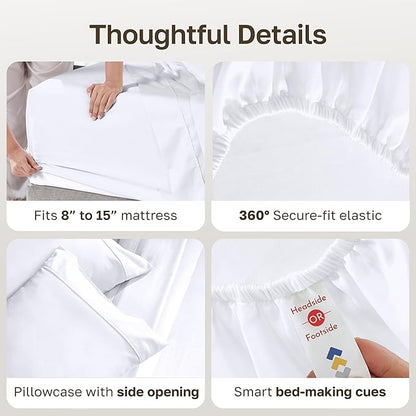 California Design Den Twin XL Sheets Set - Soft 400 Thread Count Sateen, Natural 100% Cotton Sheets, Deep Pockets with All Around Elastic for a Snug Fit, Durable Bedding Set - White