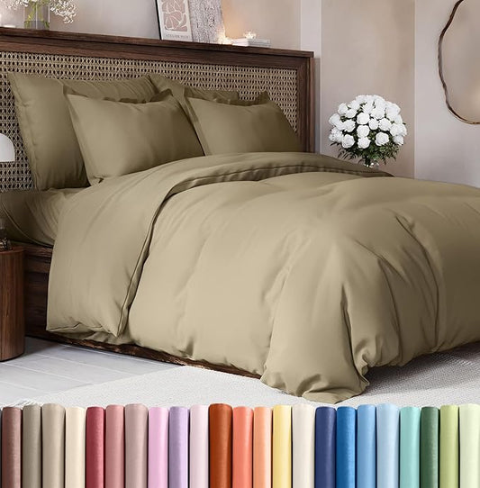 Duvet Cover King Size Set - Extra Soft King Duvet Cover 104" x 90" with 2 Pillow Shams - Hotel Luxury, Easy Care and Fade Free w/ Zipper Closures & Ties - All Season, Comfy, Cozy & Breathable (Khaki)
