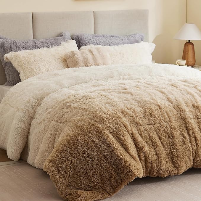 Intelligent Design Long Shaggy Faux Fur Comforter Set, Soft Plush Reverse, Chic Ombre Design Queen Size Comforter Sets, All Season Bedding Set, Matching Sham, Brielle, Full/Queen(90"x90") Natural