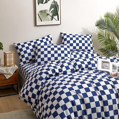 CLOTHKNOW Blue White Plaid Queen Comforter Set Grid Bedding Comforter Sets Checkerboard Comforter Royal Blue White Comforter with 2 x Pillow Cases