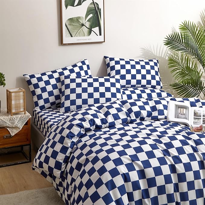 CLOTHKNOW Blue White Plaid Full Size Comforter Set 3Pcs Grid Bedding Comforter Sets Soft Blue Comforter with 2 x Pillow Cases