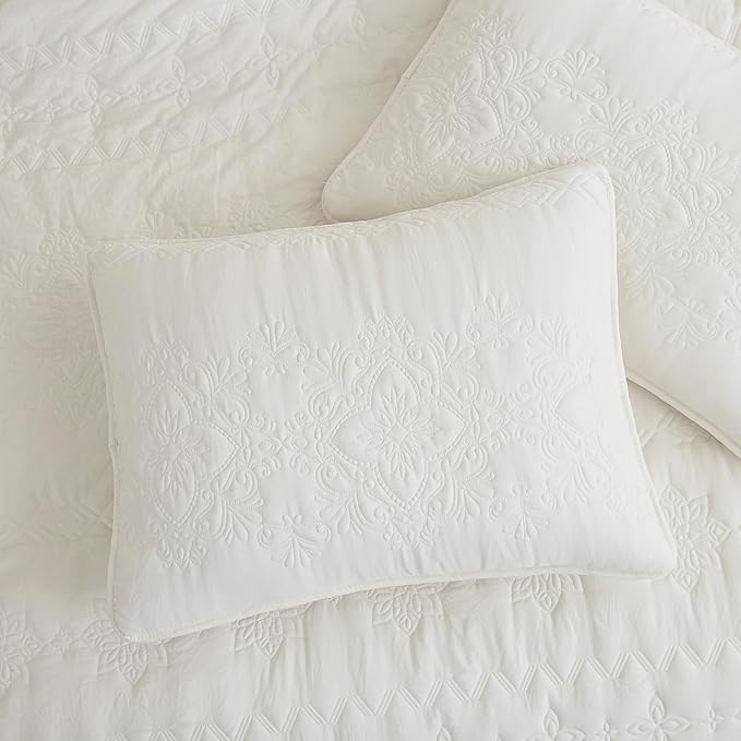 Boho Ivory Quilt Twin Size Bedding Sets with Pillow Sham, Bohemian Lightweight Soft Bedspread Coverlet, Cream Farmhouse Floral Vintage Thin Comforter Bed Cover for All Season, 2 Pieces, 68x90 inches