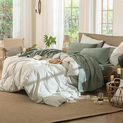 MooMee Fitted Bottom Sheet Only 100% Washed Cotton Linen Like Textured Breathable Durable Soft Comfy Deep Pocket Fits Mattress up to 17" (Heathered Green, King)