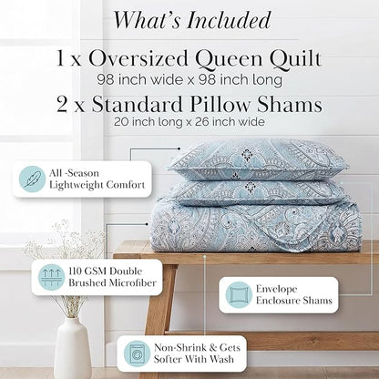 Southshore Fine Living, Inc. Full/Queen Quilt Bedding Set, Paisley Full Size Summer Bedspread, Boho Bedding Set for Full Size Mattress, Queen Size Quilt Coverlet & Matching Shams, Pure Melody Aqua