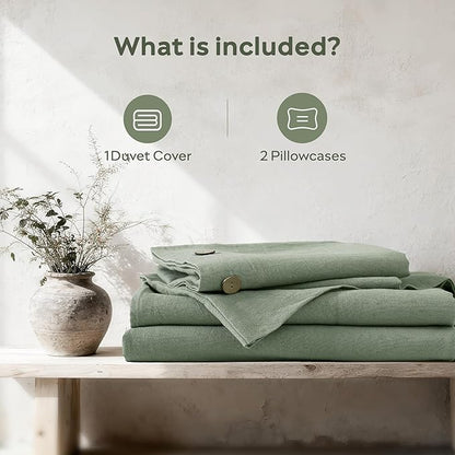 JELLYMONI Cotton Duvet Cover Queen Size - Sage Green Comforter Cover with Button 100% Washed Cotton 3PCS Breathable Soft Solid Bedding Set Duvet Cover 90×90in & 2 Pillowcases (NO Comforter)