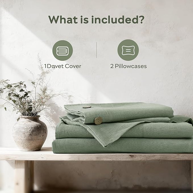 JELLYMONI Cotton Duvet Cover King Size - Sage Green Comforter Cover with Button 100% Washed Cotton 3PCS Breathable Soft Solid Bedding Set Duvet Cover 104×90in & 2 Pillowcases (NO Comforter)