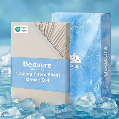 Bedsure Cooling Fitted Sheet Queen Size for Hot Sleeper, Queen Fitted Sheet Only with 360° Elastic Band, Q-Max 0.4, Temperature Regulation Bedding for Night Sweats, 16" Deep (up to 18"), Beige
