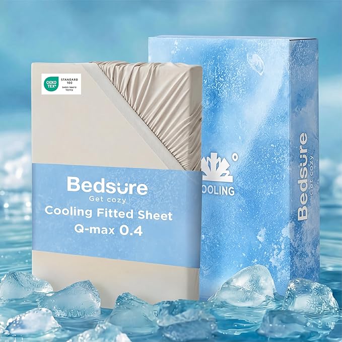 Bedsure Cooling Fitted Sheet King Size for Hot Sleeper, King Fitted Sheet Only with 360° Elastic Band, Q-Max 0.4, Temperature Regulation Bedding for Night Sweats, 16" Deep (up to 18"), Beige